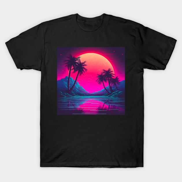 Vaporwave Retrowave Synthwave Vintage Sunset Palm Trees Ocean Mountains T-Shirt by bullquacky